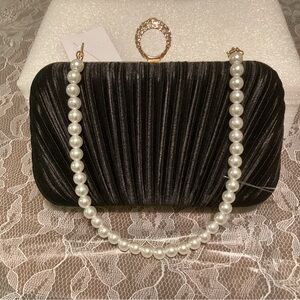 Pacetap Silk Pleated Black Clutch with Removable Pearl Strap Loop Closure